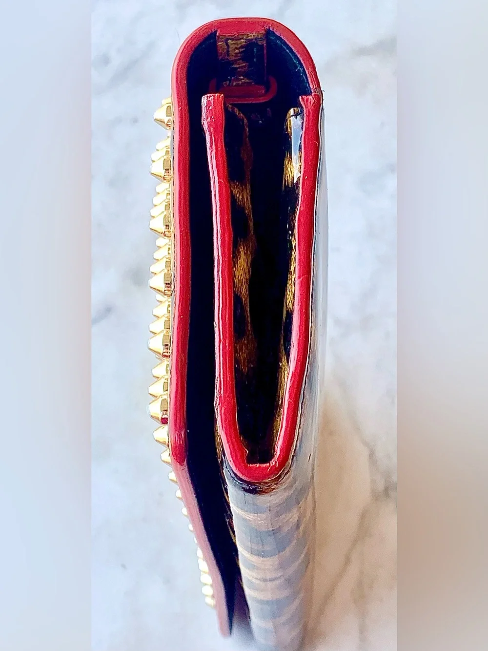 CHRISTIAN LOUBOUTIN MACARON PATENT SPIKED FLAP WALLET CLUTCH LEOPARD WRISTLET